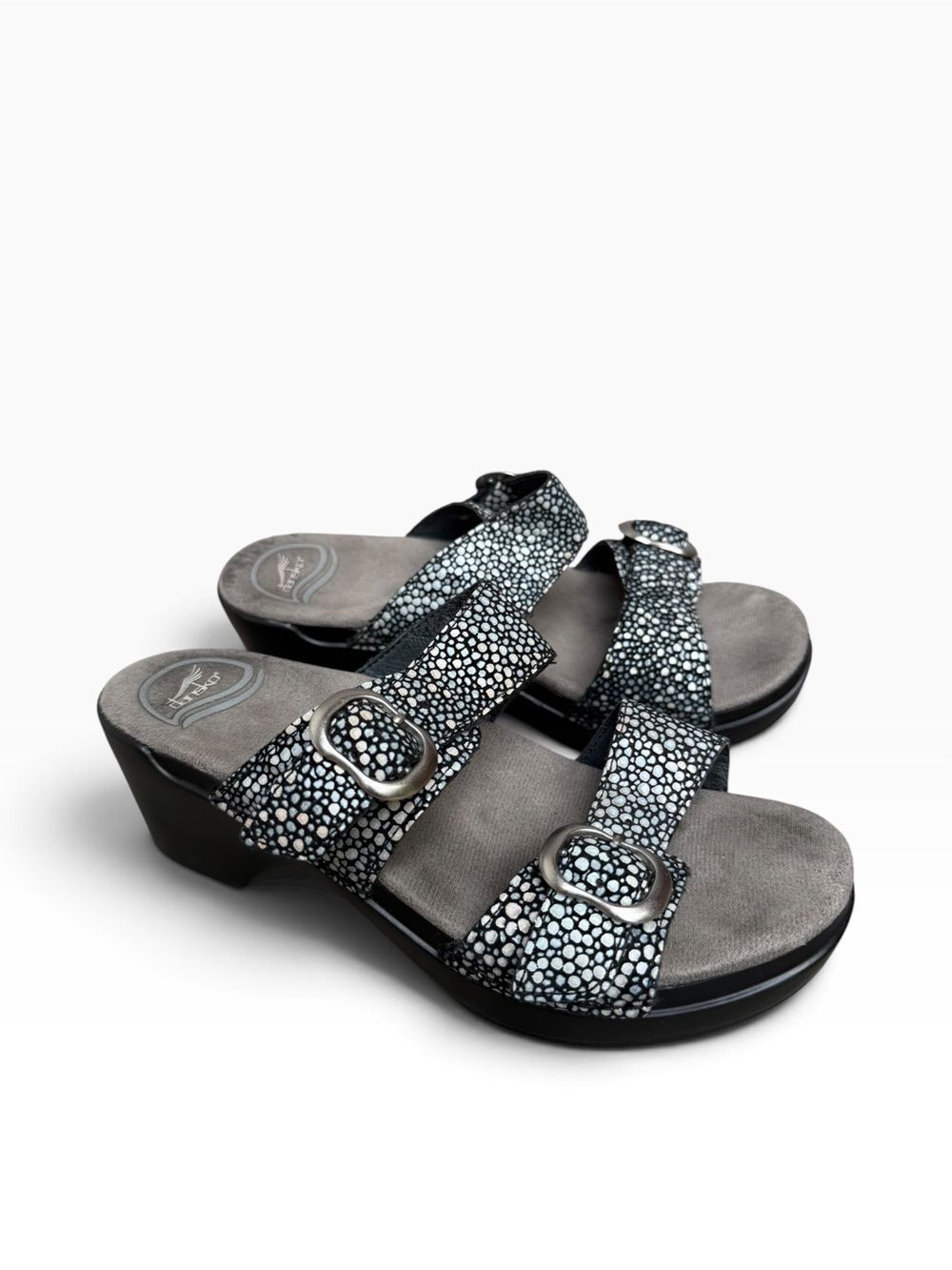 Dansko Sophie Sandals Black Shagreen Leather Wedge Slides Women's Size 37 US 6.5